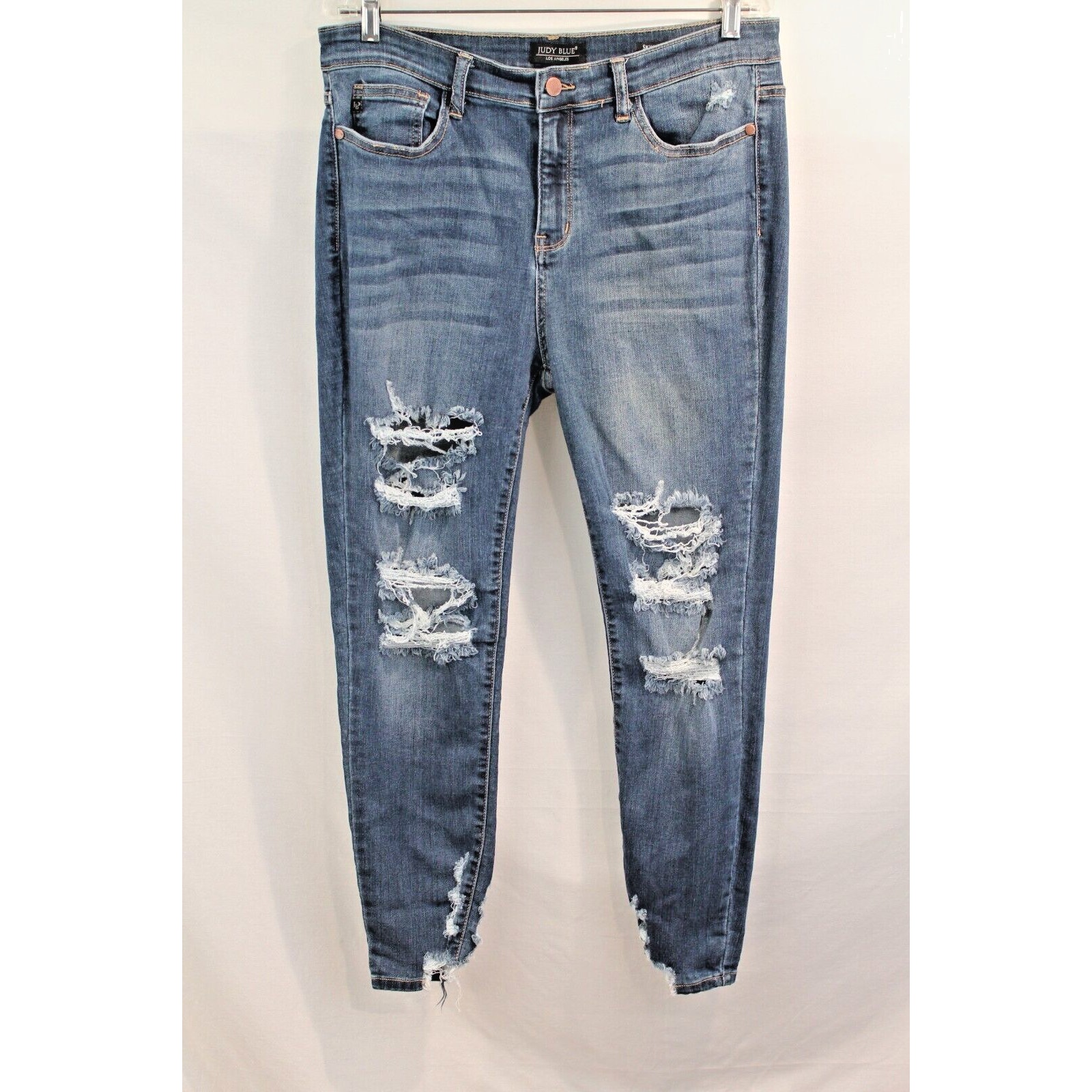 Judy Blue Destroyed Skinny Fit Jeans Size 32 Blue Denim Stretch Stagger Hem